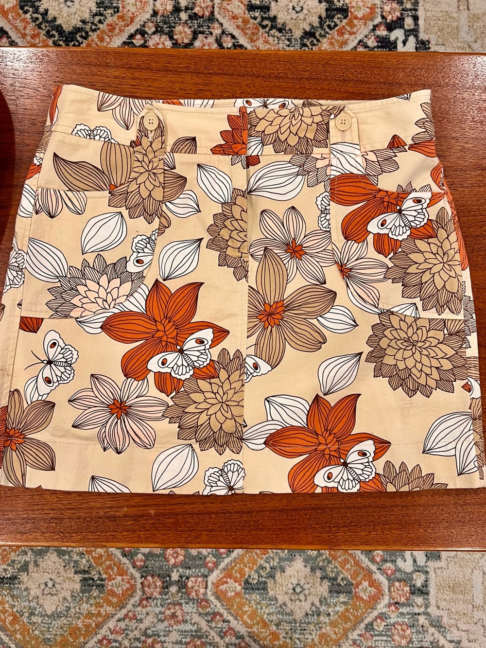 LOFT Tan Mini Skirt Cotton Orange & Brown Whimsical Floral Print 10 Retro 70s